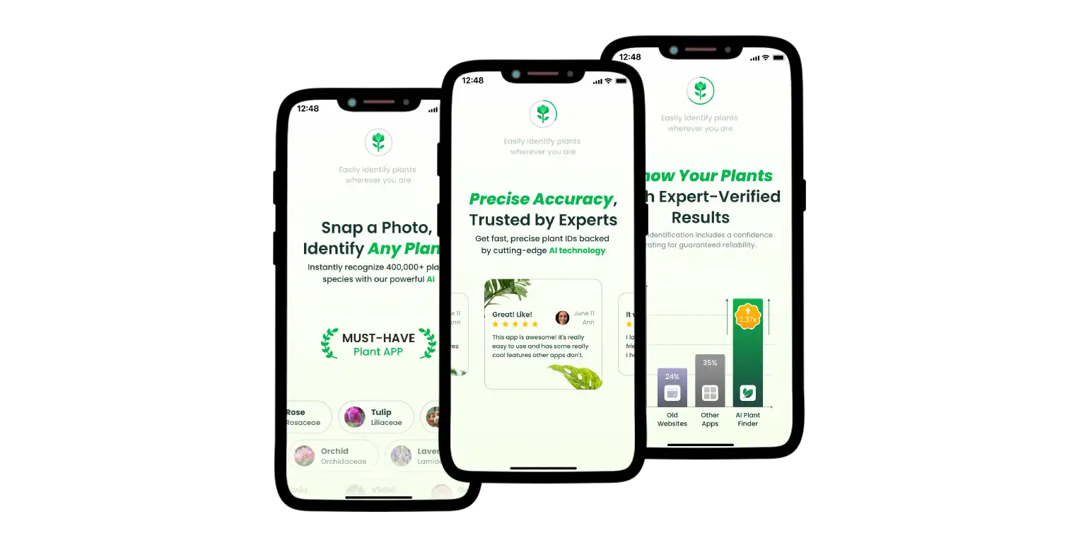 A screen with the AI Plant Finder key features